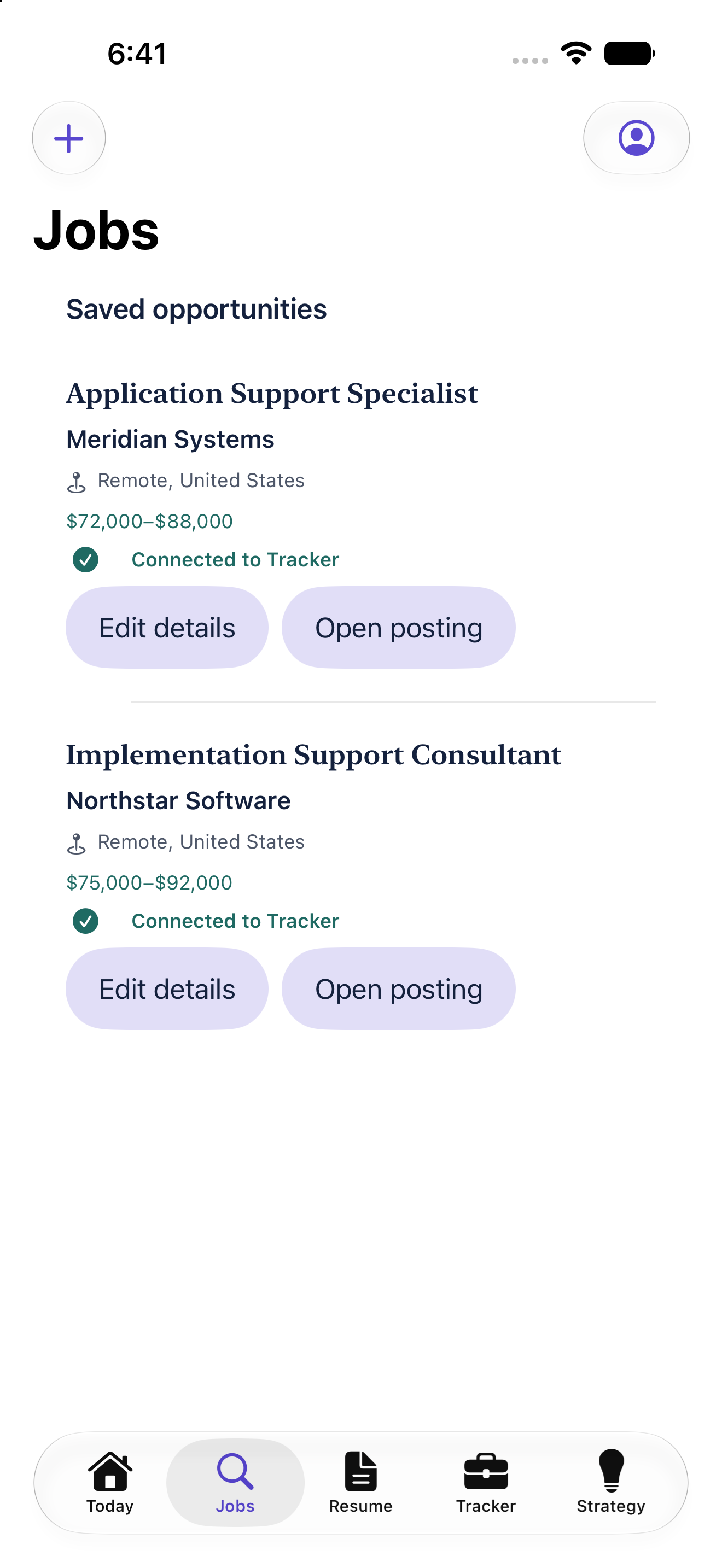 NextRole saved jobs screen