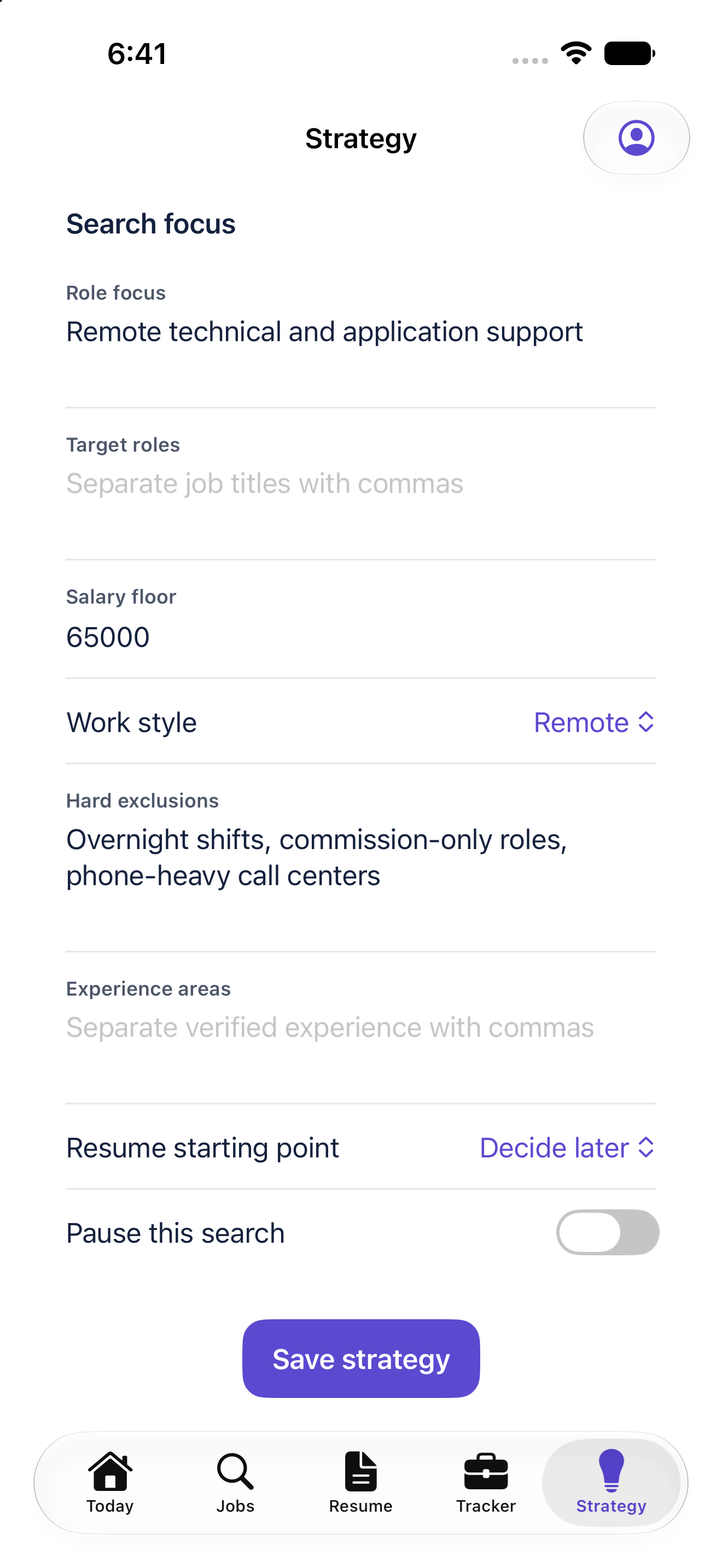 NextRole strategy screen with focused search preferences