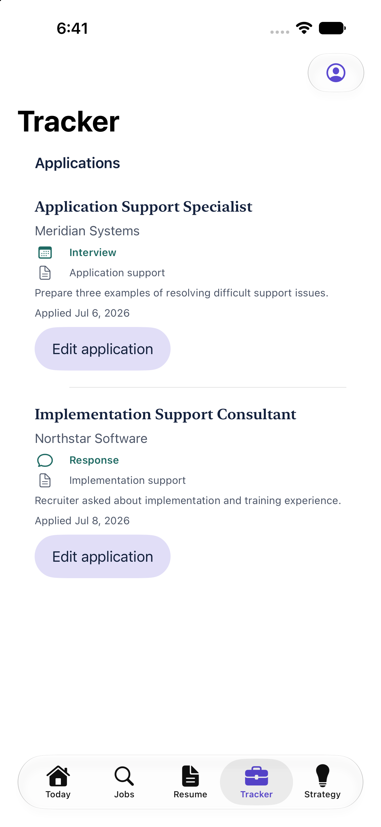 NextRole application tracker screen