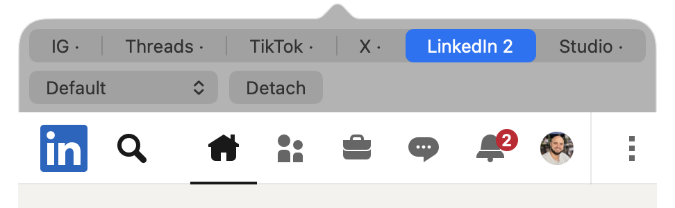 SocialBar's menu bar popover showing a platform switcher with LinkedIn's unread count of 2, above LinkedIn's own notification bell also showing 2.