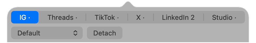 Animation cycling through SocialBar's six platform tabs: Instagram, Threads, TikTok, X, LinkedIn and YouTube Studio.