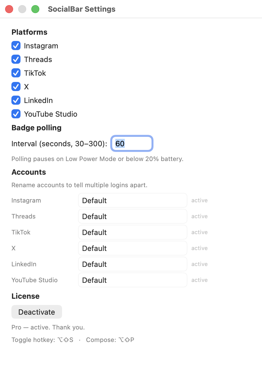 SocialBar's settings window: six platform checkboxes, badge polling interval, per-account name fields, and licence status.