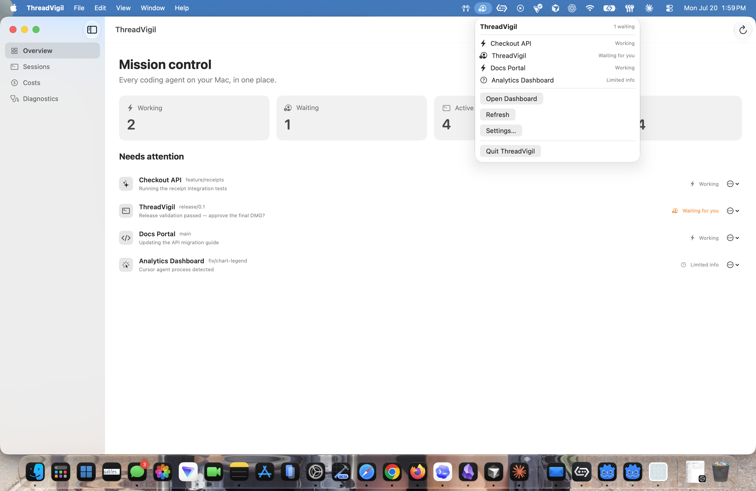 ThreadVigil compact menu-bar window showing working and waiting coding-agent sessions