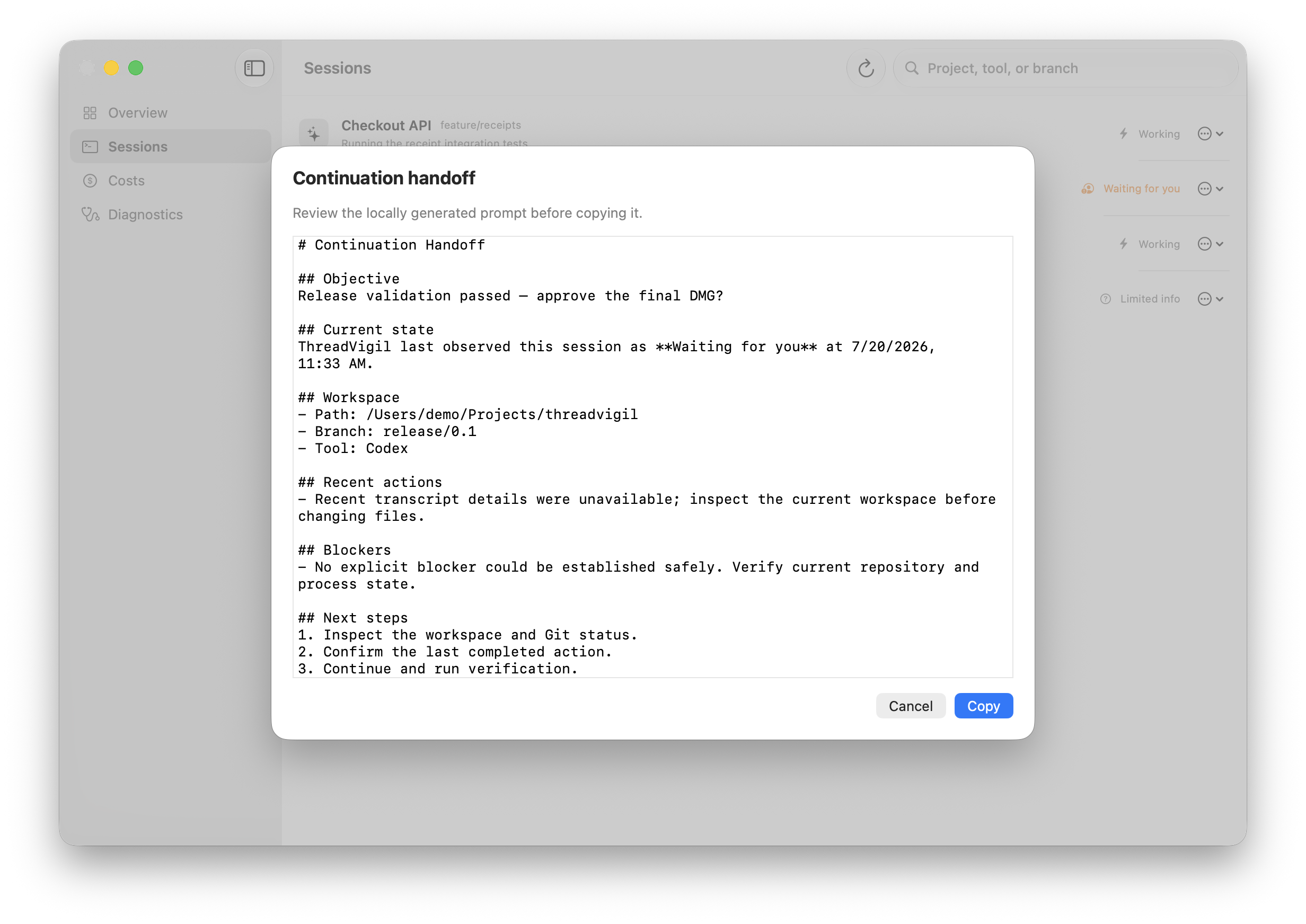 ThreadVigil local handoff preview with objective, current state, and exact next steps